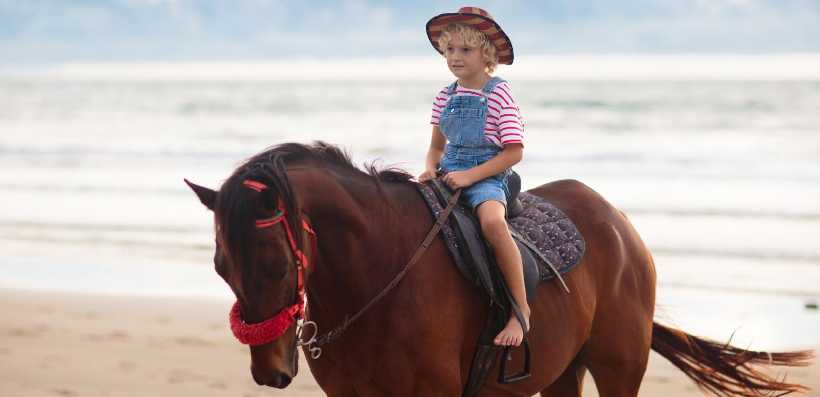 Bambino con cappello cavalca un cavallo sulla spiaggia in una giornata serena.